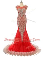 Adorable Red Zipper Scoop Beading and Lace Homecoming Dress Satin Sleeveless Brush Train