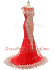 Adorable Red Zipper Scoop Beading and Lace Homecoming Dress Satin Sleeveless Brush Train