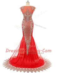 Adorable Red Zipper Scoop Beading and Lace Homecoming Dress Satin Sleeveless Brush Train