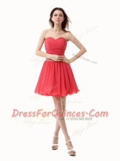 Charming Watermelon Red Sleeveless Mini Length Beading and Ruching Zipper Prom Dress