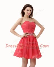 Charming Watermelon Red Sleeveless Mini Length Beading and Ruching Zipper Prom Dress