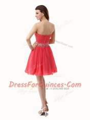 Charming Watermelon Red Sleeveless Mini Length Beading and Ruching Zipper Prom Dress