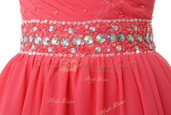 Charming Watermelon Red Sleeveless Mini Length Beading and Ruching Zipper Prom Dress