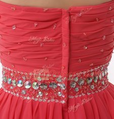 Charming Watermelon Red Sleeveless Mini Length Beading and Ruching Zipper Prom Dress