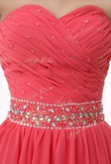 Charming Watermelon Red Sleeveless Mini Length Beading and Ruching Zipper Prom Dress