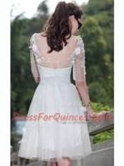 Tulle V-neck Sleeveless Zipper Lace Prom Dress in White