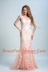 Peach Bateau Zipper Lace Homecoming Dress Sleeveless
