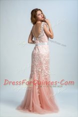 Peach Bateau Zipper Lace Homecoming Dress Sleeveless