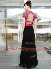 Ankle Length Red And Black Dress for Prom V-neck Short Sleeves Zipper