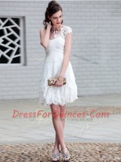 White One Shoulder Neckline Lace and Ruffles Prom Evening Gown Sleeveless Zipper