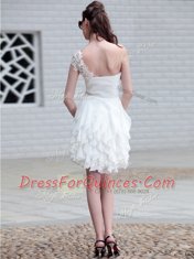 White One Shoulder Neckline Lace and Ruffles Prom Evening Gown Sleeveless Zipper