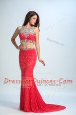 Clearance Mermaid Scoop Coral Red Sleeveless With Train Beading Zipper Prom Gown
