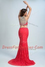 Clearance Mermaid Scoop Coral Red Sleeveless With Train Beading Zipper Prom Gown