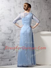 Light Blue Chiffon Zipper Scoop Half Sleeves Ankle Length Prom Party Dress Beading and Ruching