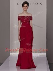 Off the Shoulder Chiffon Short Sleeves Floor Length Dress for Prom and Beading and Ruching