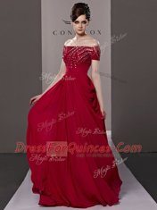 Off the Shoulder Chiffon Short Sleeves Floor Length Dress for Prom and Beading and Ruching