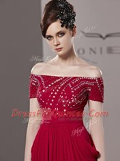 Off the Shoulder Chiffon Short Sleeves Floor Length Dress for Prom and Beading and Ruching