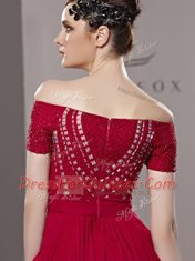 Off the Shoulder Chiffon Short Sleeves Floor Length Dress for Prom and Beading and Ruching