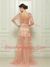 Peach Zipper Prom Dress Beading and Appliques Cap Sleeves With Brush Train