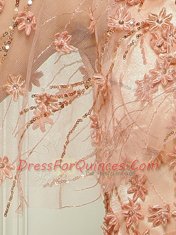 Peach Zipper Prom Dress Beading and Appliques Cap Sleeves With Brush Train