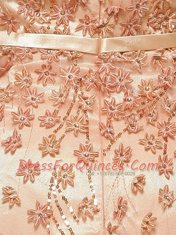 Peach Zipper Prom Dress Beading and Appliques Cap Sleeves With Brush Train