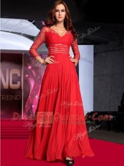 Glamorous Floor Length Red Evening Dress Chiffon Sleeveless Lace