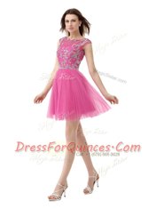 Scoop Cap Sleeves Mini Length Beading and Sequins and Pleated Zipper Evening Dress with Rose Pink