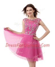 Scoop Cap Sleeves Mini Length Beading and Sequins and Pleated Zipper Evening Dress with Rose Pink