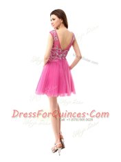 Scoop Cap Sleeves Mini Length Beading and Sequins and Pleated Zipper Evening Dress with Rose Pink