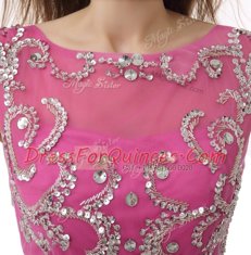 Scoop Cap Sleeves Mini Length Beading and Sequins and Pleated Zipper Evening Dress with Rose Pink