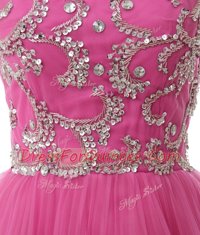 Scoop Cap Sleeves Mini Length Beading and Sequins and Pleated Zipper Evening Dress with Rose Pink