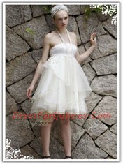 Luxury Halter Top White Empire Ruffles Zipper Organza Sleeveless Knee Length
