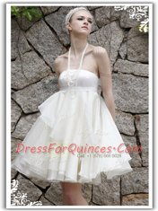 Luxury Halter Top White Empire Ruffles Zipper Organza Sleeveless Knee Length