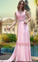 Chiffon V-neck Sleeveless Zipper Beading Prom Evening Gown in Pink