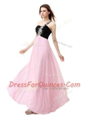 Affordable One Shoulder Sleeveless Dress for Prom Floor Length Beading and Appliques and Ruffles Pink And Black Chiffon