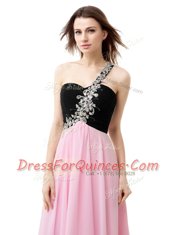 Affordable One Shoulder Sleeveless Dress for Prom Floor Length Beading and Appliques and Ruffles Pink And Black Chiffon