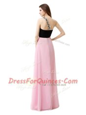 Affordable One Shoulder Sleeveless Dress for Prom Floor Length Beading and Appliques and Ruffles Pink And Black Chiffon