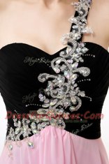 Affordable One Shoulder Sleeveless Dress for Prom Floor Length Beading and Appliques and Ruffles Pink And Black Chiffon