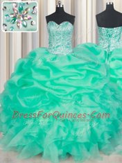 Clearance Apple Green Sleeveless Floor Length Beading and Ruffles and Pick Ups Lace Up 15 Quinceanera Dress