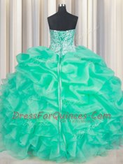 Clearance Apple Green Sleeveless Floor Length Beading and Ruffles and Pick Ups Lace Up 15 Quinceanera Dress