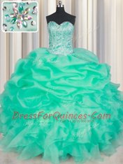 Clearance Apple Green Sleeveless Floor Length Beading and Ruffles and Pick Ups Lace Up 15 Quinceanera Dress