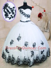 Inexpensive White Sleeveless Floor Length Appliques Lace Up 15th Birthday Dress