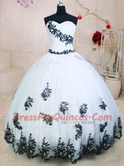 Inexpensive White Sleeveless Floor Length Appliques Lace Up 15th Birthday Dress
