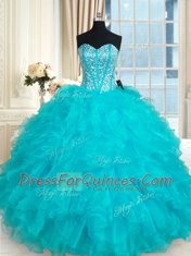 Aqua Blue Lace Up Quinceanera Dresses Beading and Ruffles Sleeveless Floor Length