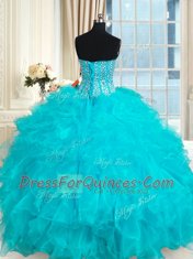 Aqua Blue Lace Up Quinceanera Dresses Beading and Ruffles Sleeveless Floor Length