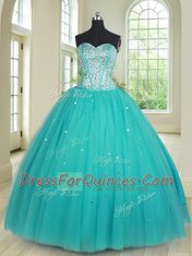 Aqua Blue Lace Up 15th Birthday Dress Beading Sleeveless Floor Length