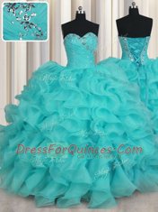 Sleeveless Beading and Ruffles Lace Up Quince Ball Gowns