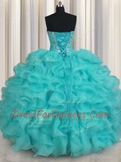Sleeveless Beading and Ruffles Lace Up Quince Ball Gowns