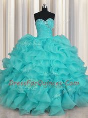Sleeveless Beading and Ruffles Lace Up Quince Ball Gowns