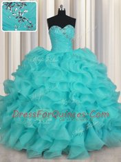 Sleeveless Beading and Ruffles Lace Up Quince Ball Gowns